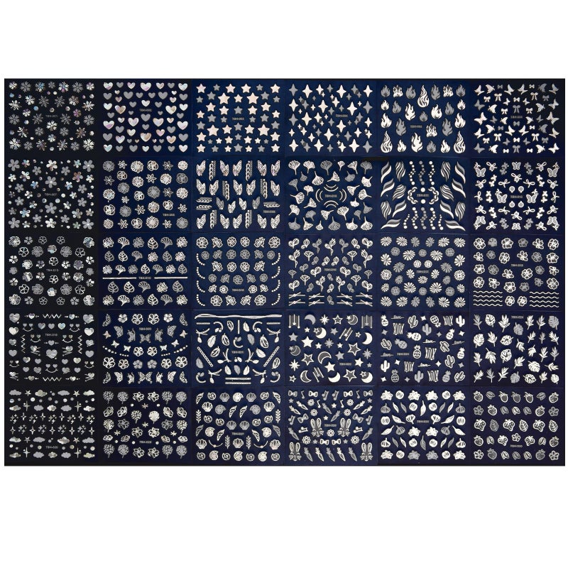 Maigitur 3000Pcs 60 Sheets Silver Nail Art Stickers Silver Aurora Nail Stickers Decals 3D Self-Adhesive Star Flower Nail Decals for Women Girls Salon Home DIY Manicure Nail with Tweezers Included… - Image 3